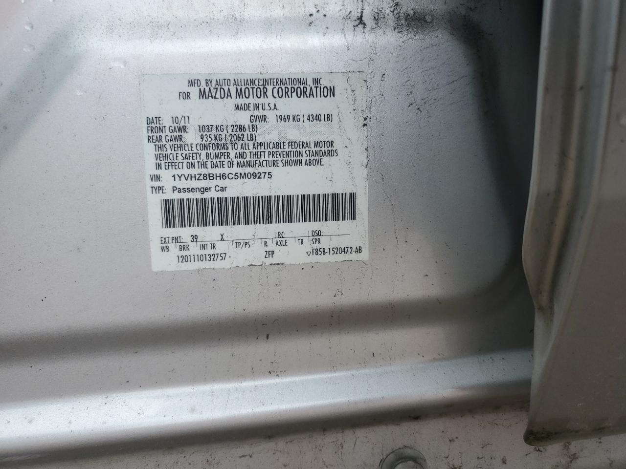 2012 Mazda 6 I VIN: 1YVHZ8BH6C5M09275 Lot: 66933175