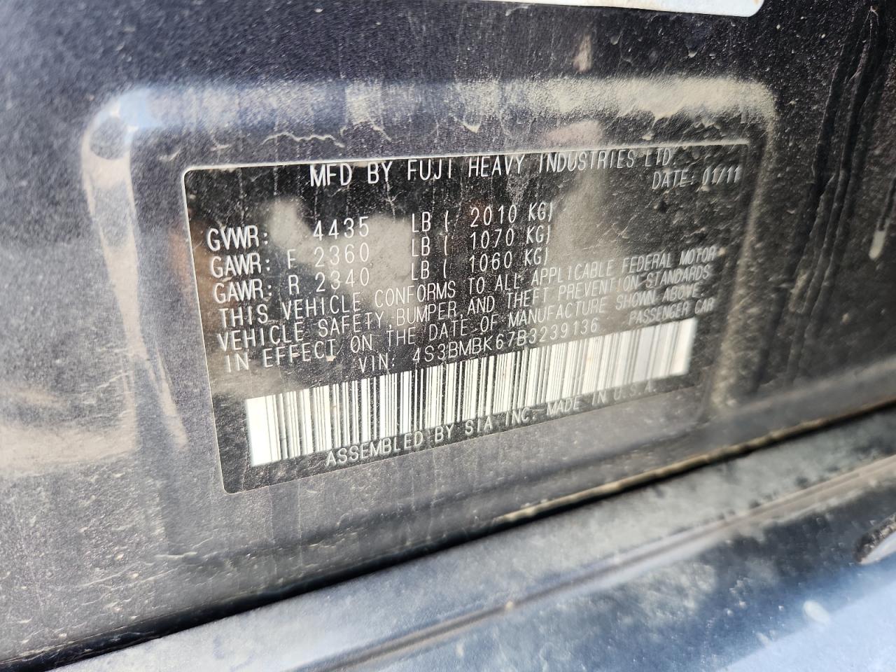 2011 Subaru Legacy 2.5I Limited VIN: 4S3BMBK67B3239136 Lot: 66737035