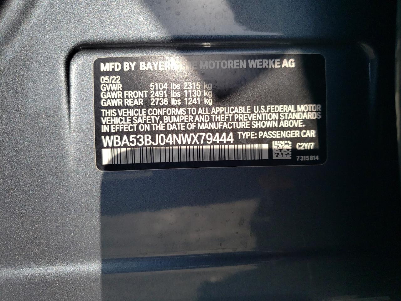 2022 BMW 540 I VIN: WBA53BJ04NWX79444 Lot: 66353955