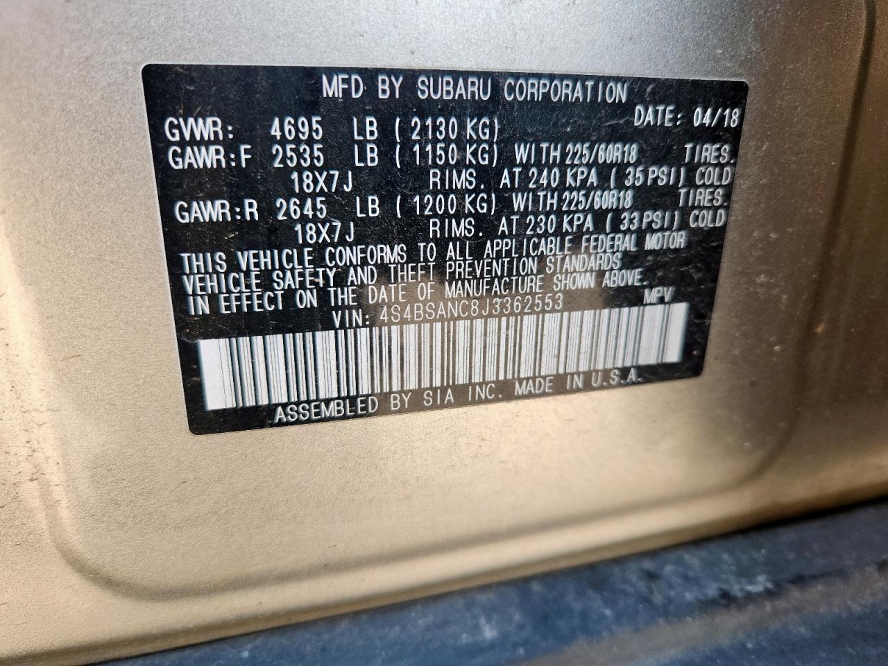 2018 Subaru Outback 2.5I Limited VIN: 4S4BSANC8J3362553 Lot: 63843625