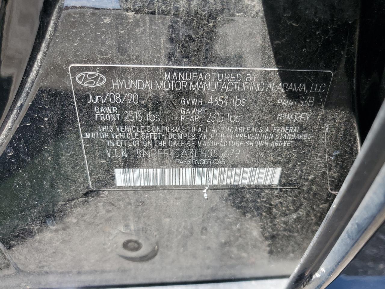 2020 Hyundai Sonata Sel VIN: 5NPEF4JA3LH055679 Lot: 64302275