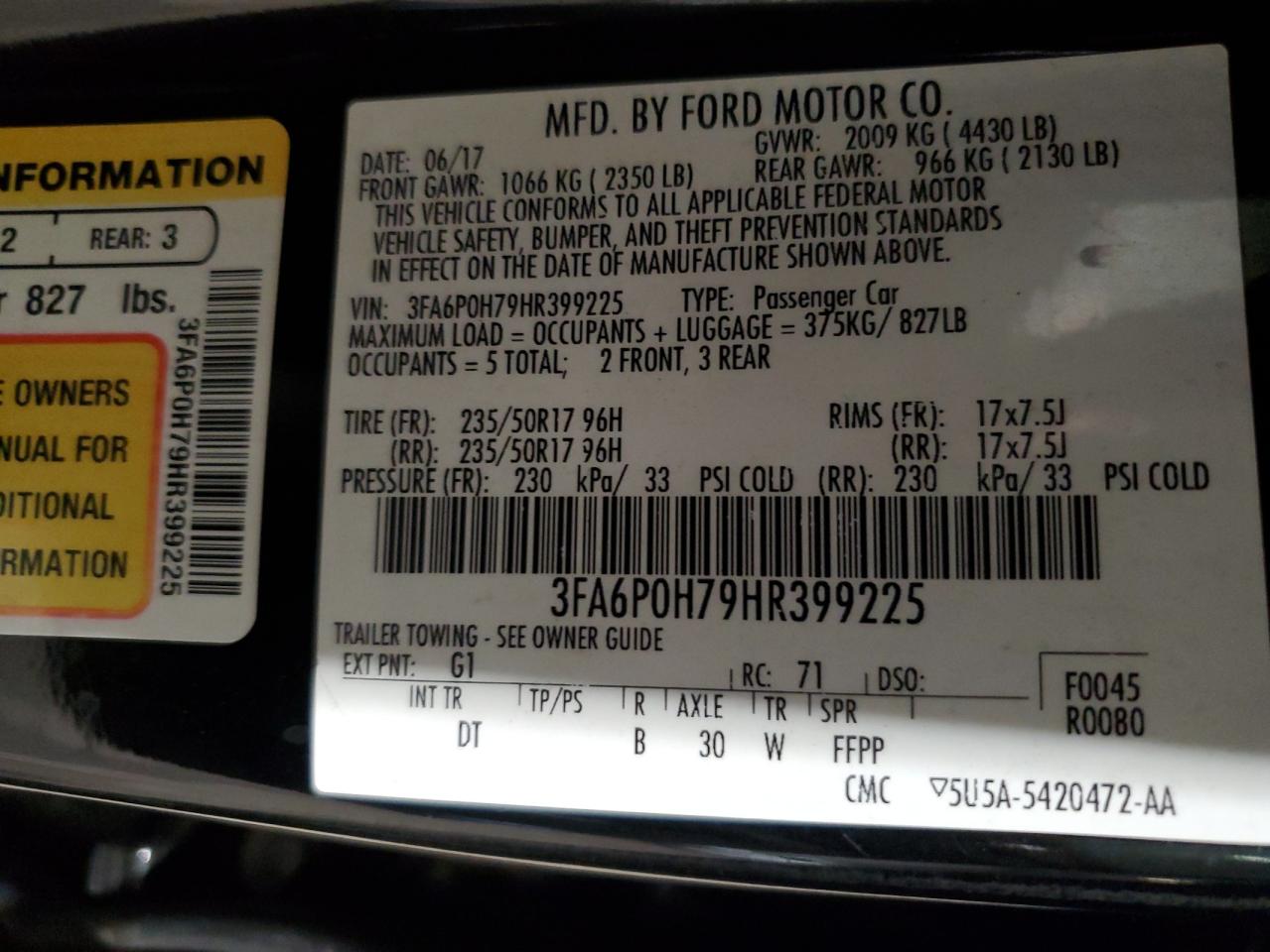 2017 Ford Fusion Se VIN: 3FA6P0H79HR399225 Lot: 66795465