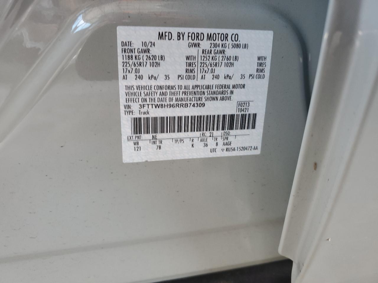 2024 Ford Maverick Xlt VIN: 3FTTW8H96RRB74309 Lot: 63218695