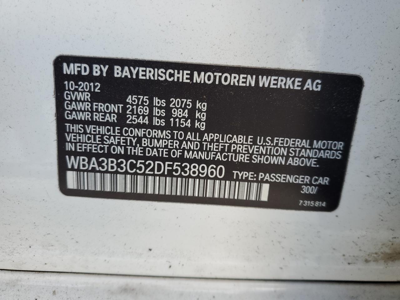 2013 BMW 328 Xi VIN: WBA3B3C52DF538960 Lot: 63793665