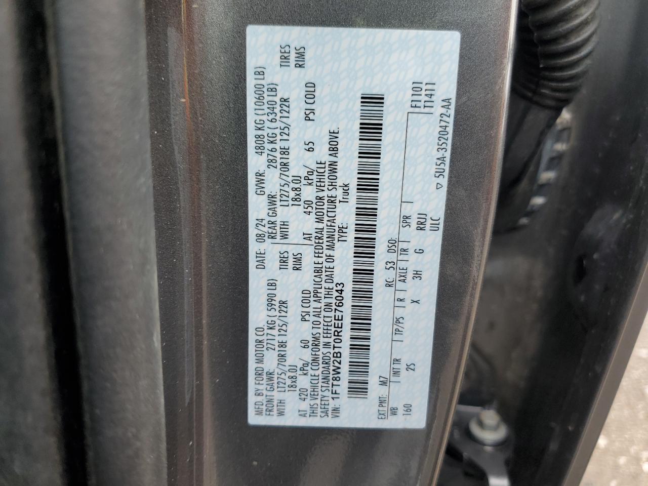 2024 Ford F250 Super Duty VIN: 1FT8W2BT0REE76043 Lot: 64681405