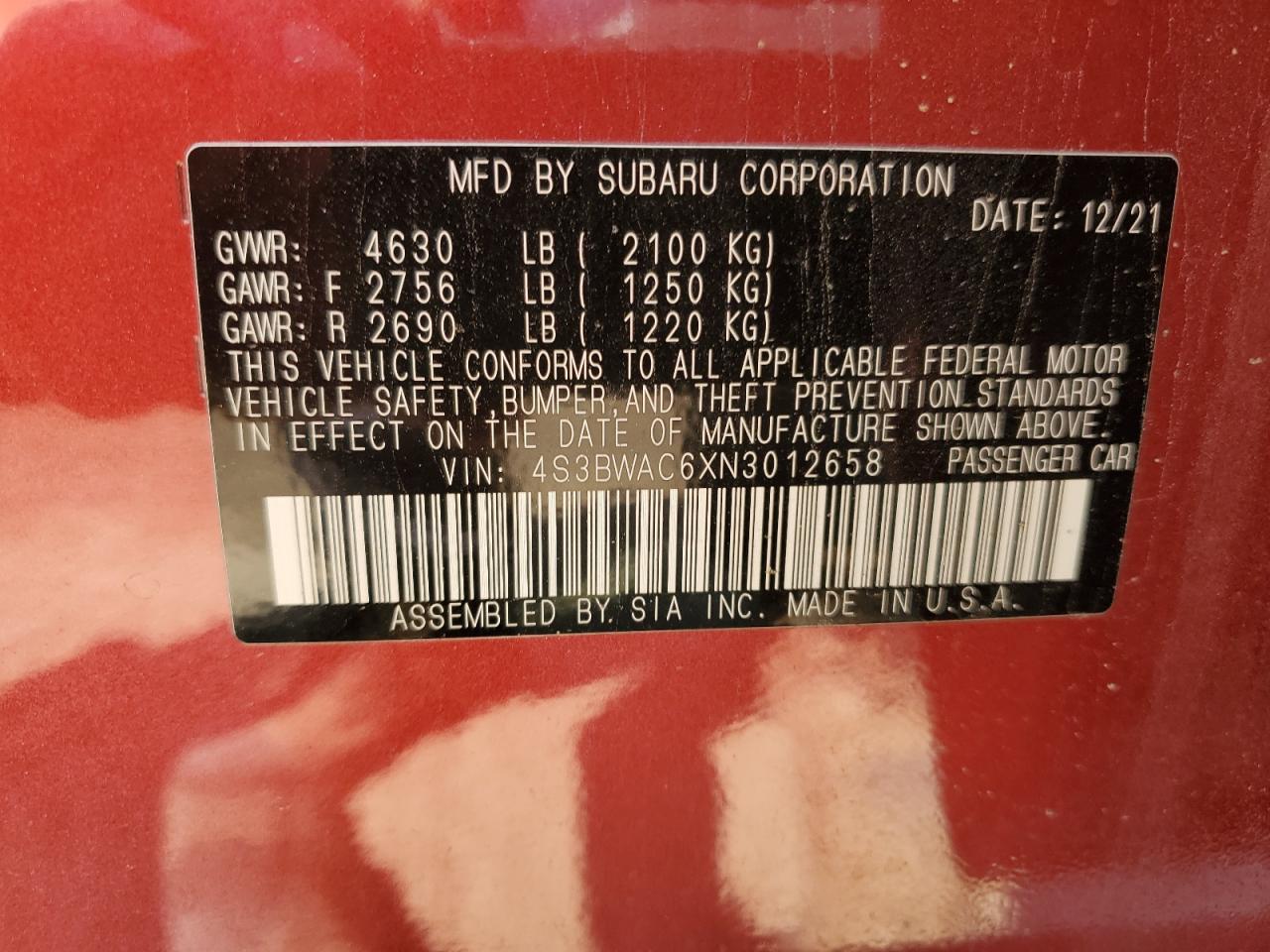 2022 Subaru Legacy Premium VIN: 4S3BWAC6XN3012658 Lot: 66548305