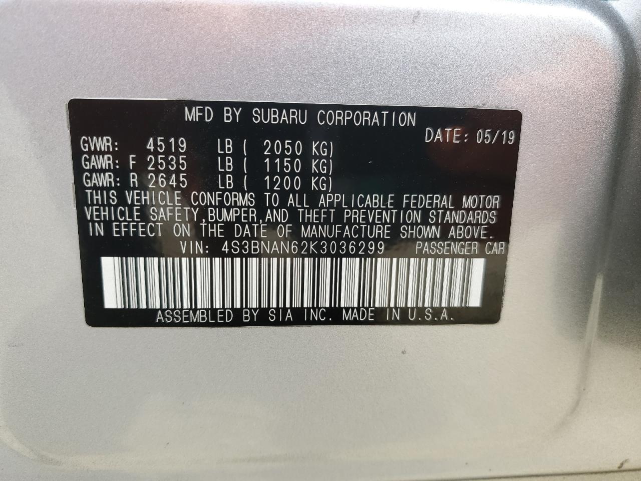2019 Subaru Legacy 2.5I Limited VIN: 4S3BNAN62K3036299 Lot: 65290275