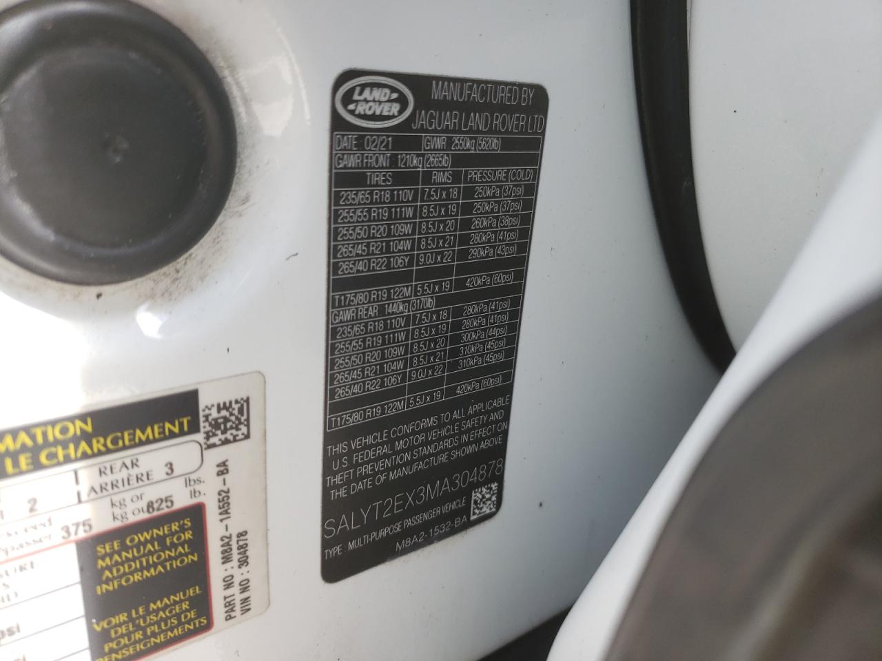 2021 Land Rover Range Rover Velar R-Dynamic S VIN: SALYT2EX3MA304878 Lot: 63315935