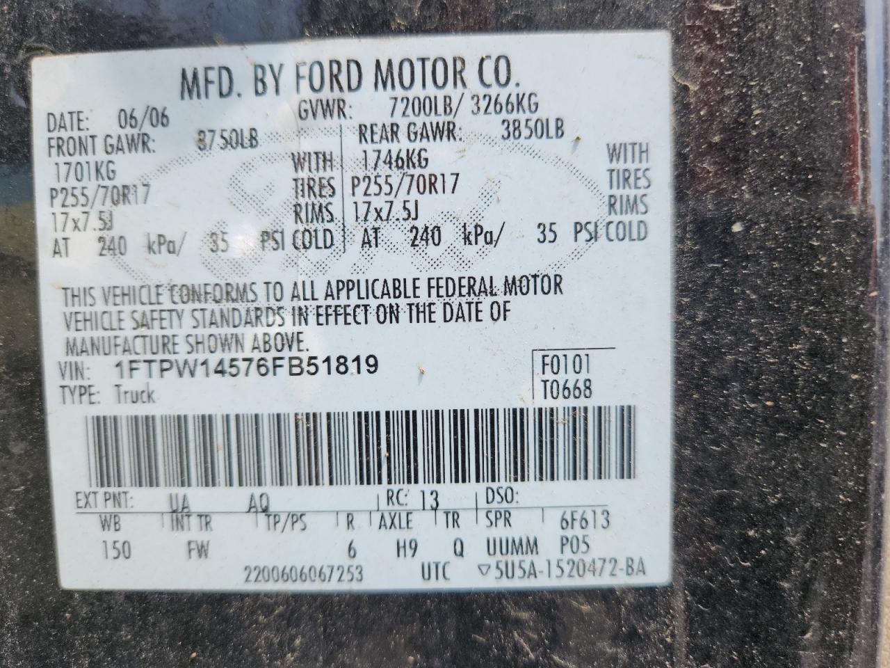 2006 Ford F150 Supercrew VIN: 1FTPW14576FB51819 Lot: 64951105