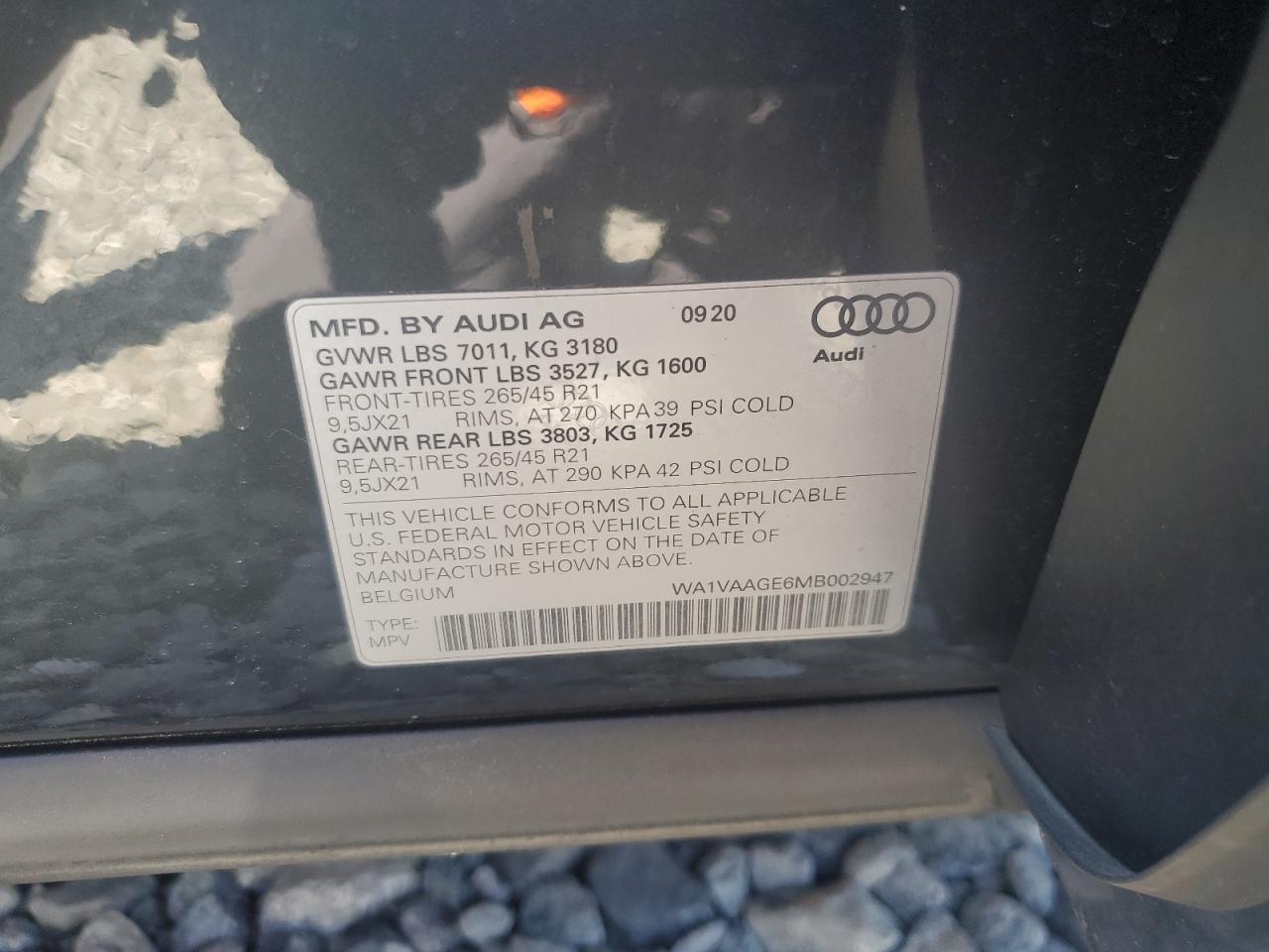 wa1vaage6mb002947 WA1VAAGE6MB002947 2021 Audi E-Tron Prestige