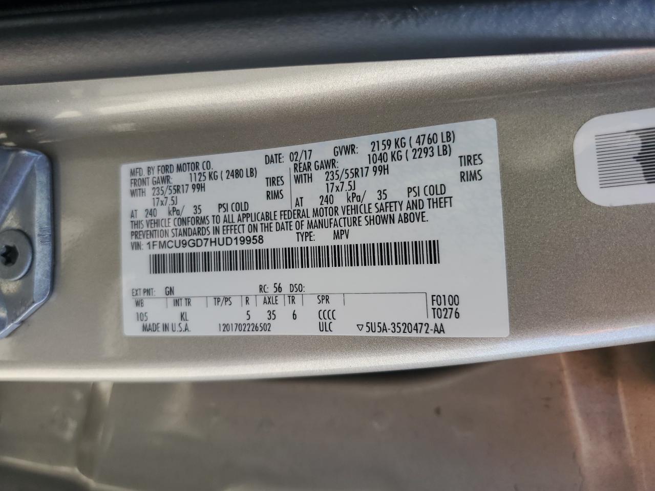 2017 Ford Escape Se VIN: 1FMCU9GD7HUD19958 Lot: 64042955