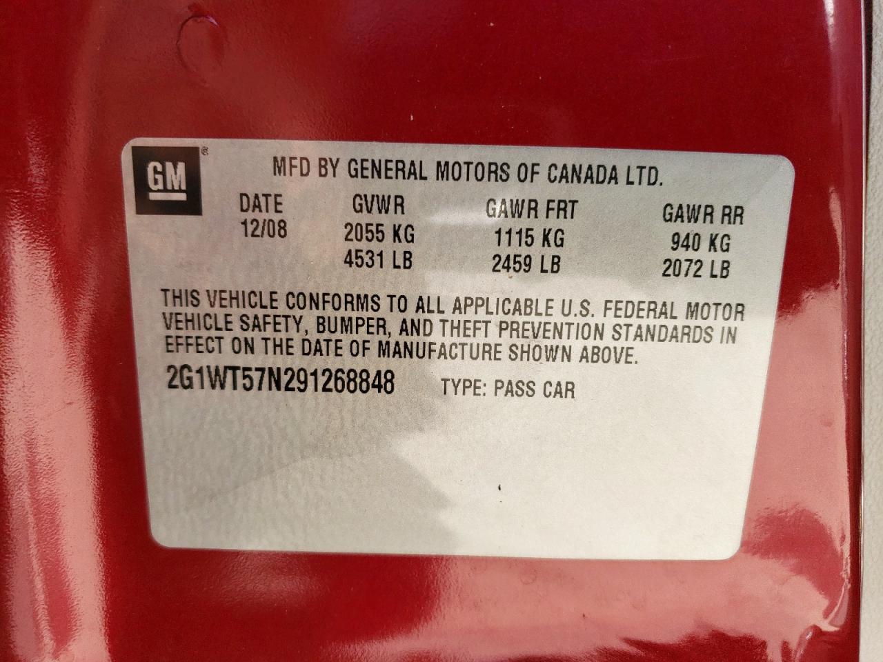 2009 Chevrolet Impala 1Lt VIN: 2G1WT57N291268848 Lot: 62668025