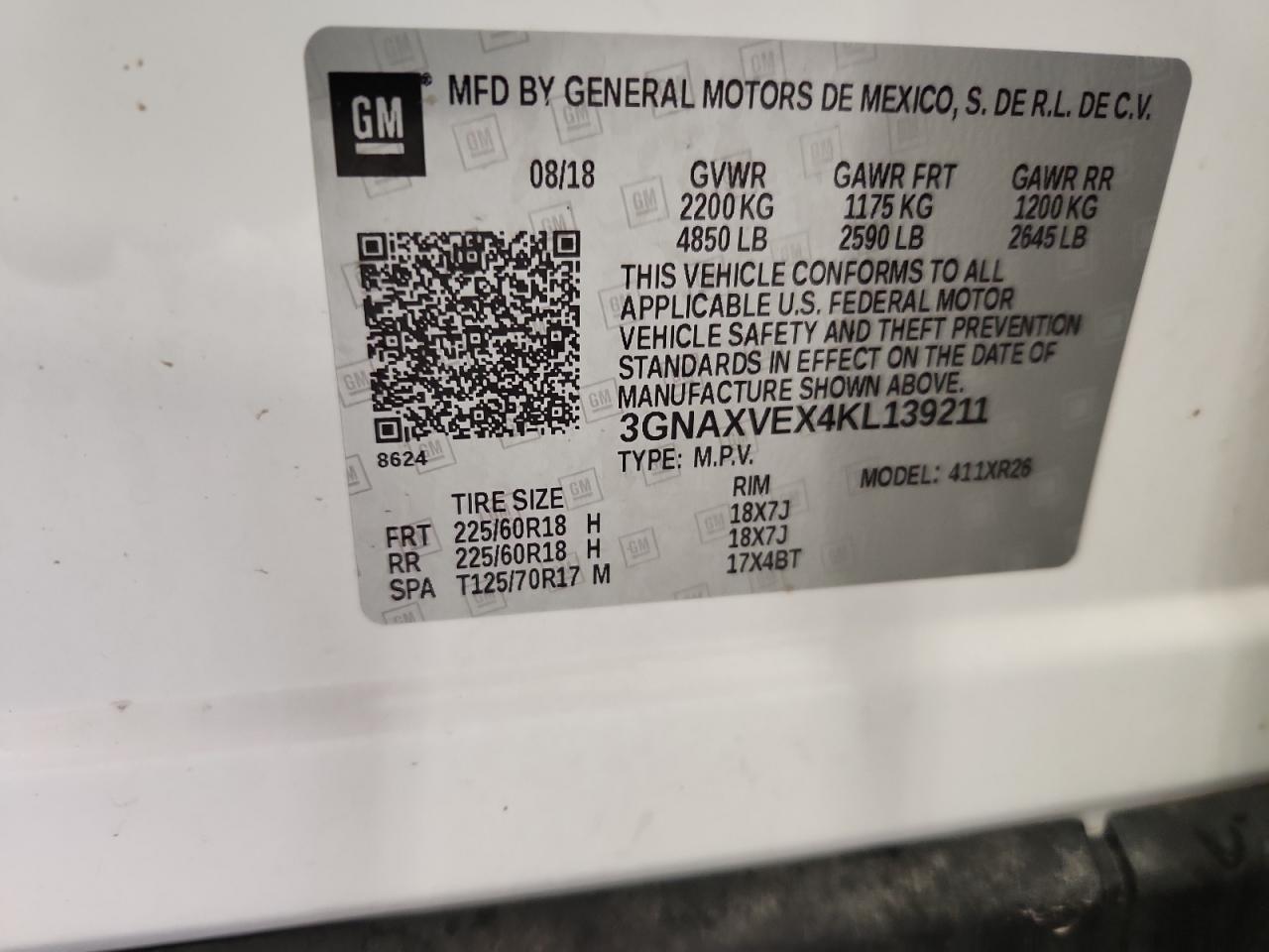 2019 Chevrolet Equinox Lt VIN: 3GNAXVEX4KL139211 Lot: 64694195