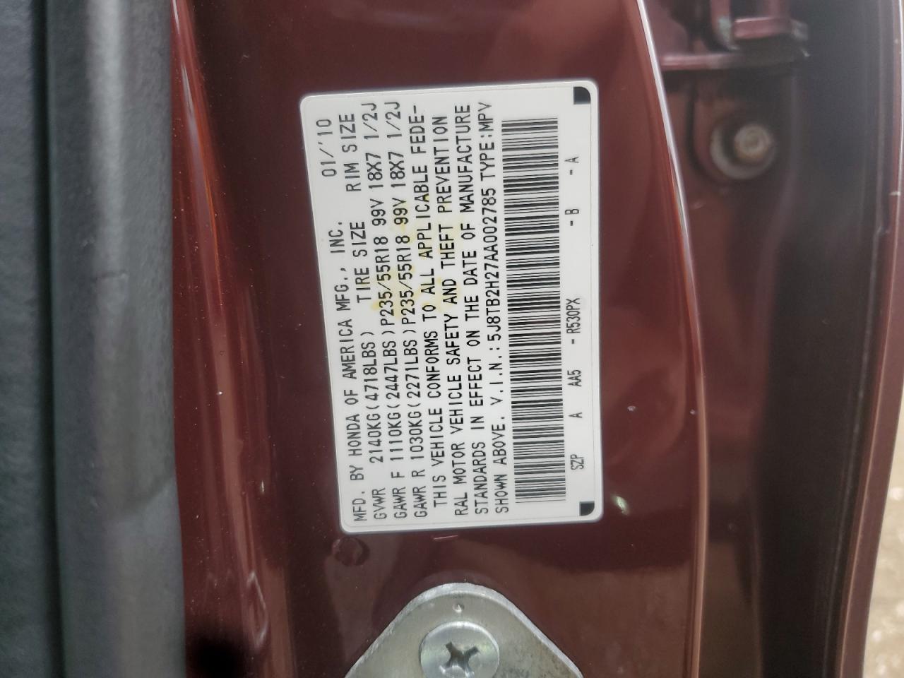 2010 Acura Rdx VIN: 5J8TB2H27AA002785 Lot: 71124285