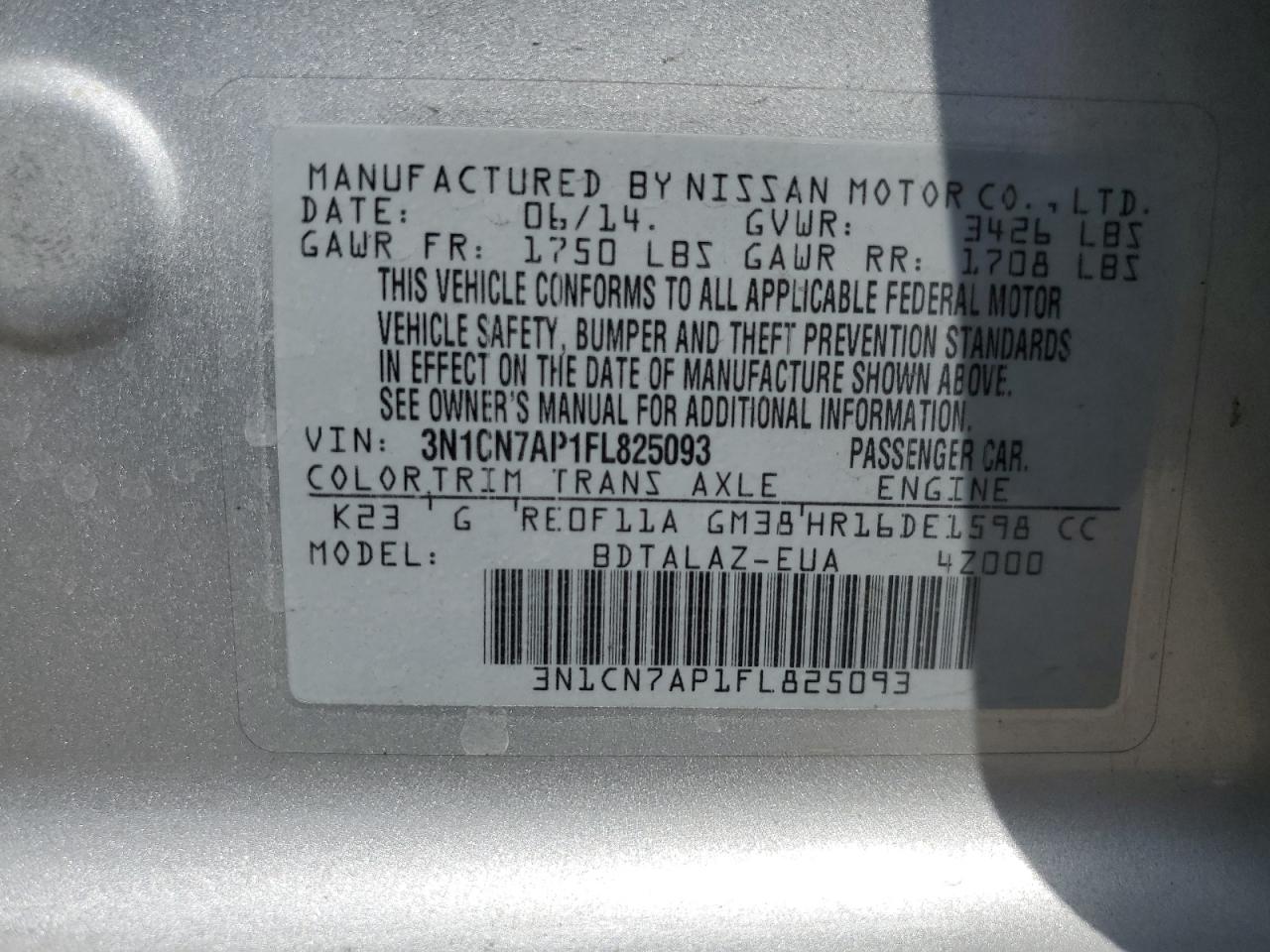 2015 Nissan Versa S VIN: 3N1CN7AP1FL825093 Lot: 65210095