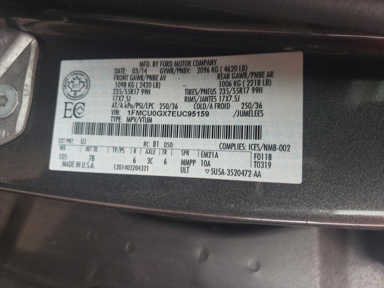 2014 Ford Escape Se VIN: 1FMCU0GX7EUC95159 Lot: 64842145