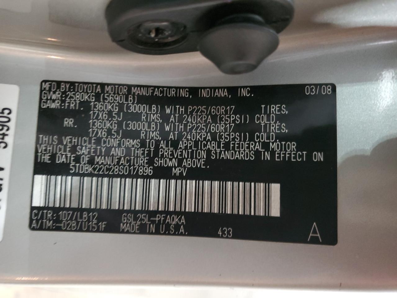 2008 Toyota Sienna Xle VIN: 5TDBK22C28S017896 Lot: 64607985