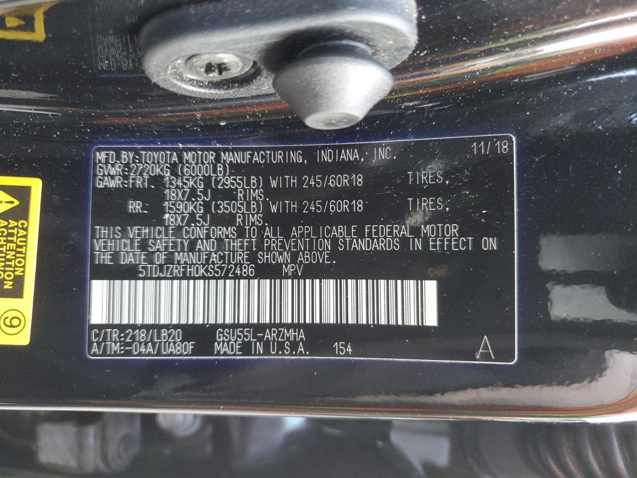 2019 Toyota Highlander Se VIN: 5TDJZRFH0KS572486 Lot: 64417265