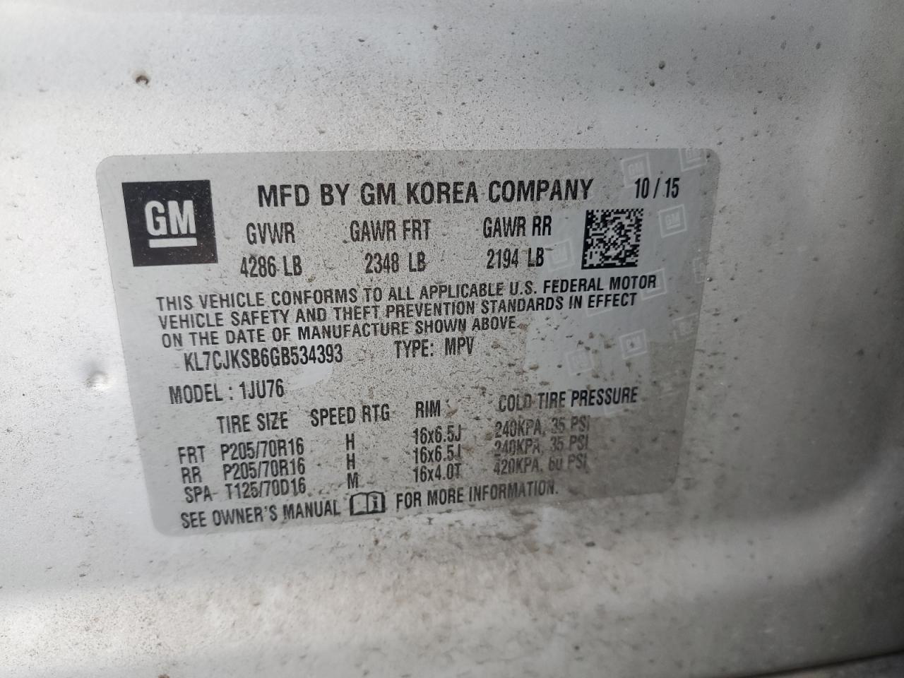 2016 Chevrolet Trax Ls VIN: KL7CJKSB6GB534393 Lot: 64672025