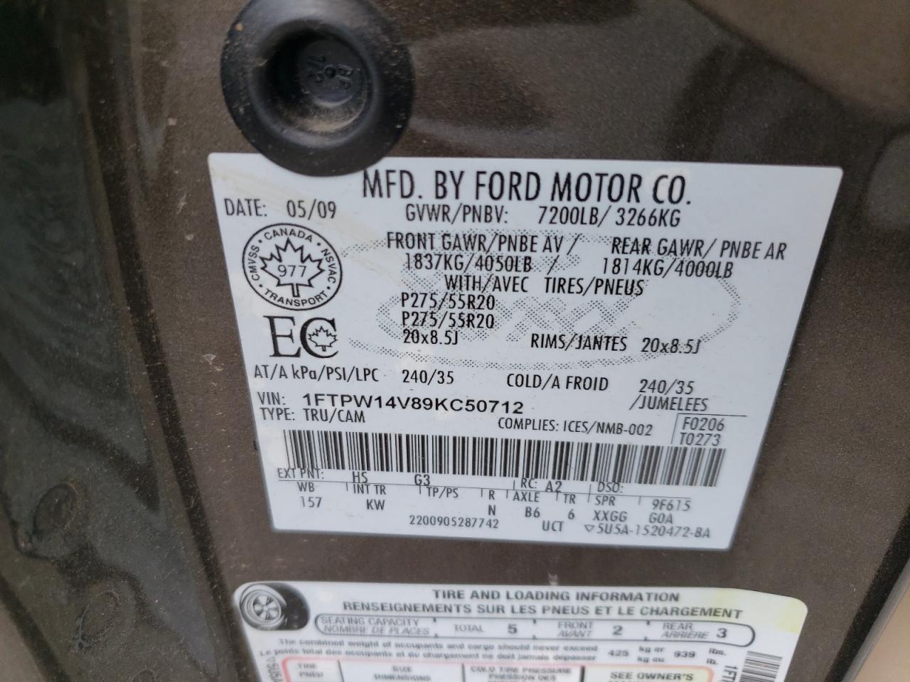 2009 Ford F150 Supercrew VIN: 1FTPW14V89KC50712 Lot: 65264565
