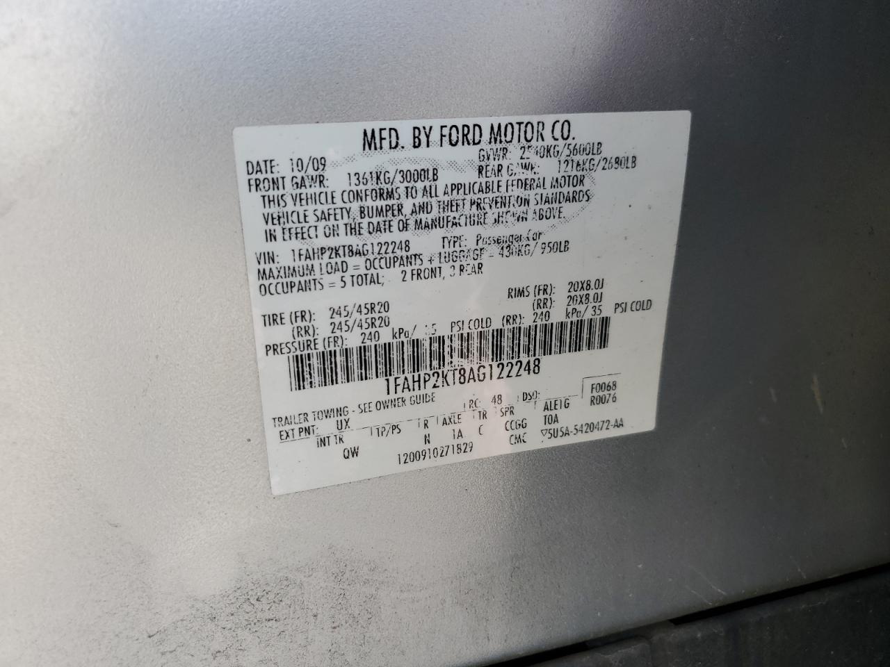 2010 Ford Taurus Sho VIN: 1FAHP2KT8AG122248 Lot: 65226055