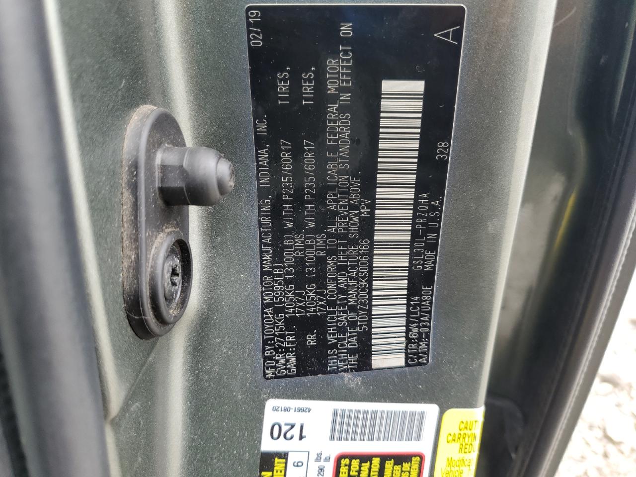 2019 Toyota Sienna Xle VIN: 5TDYZ3DC9KS006166 Lot: 63013335