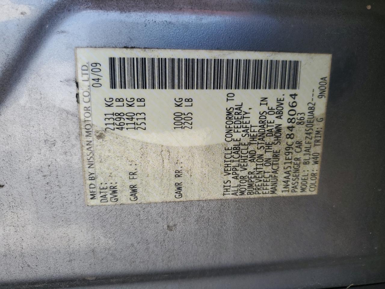 2009 Nissan Maxima S VIN: 1N4AA51E99C848064 Lot: 66561435