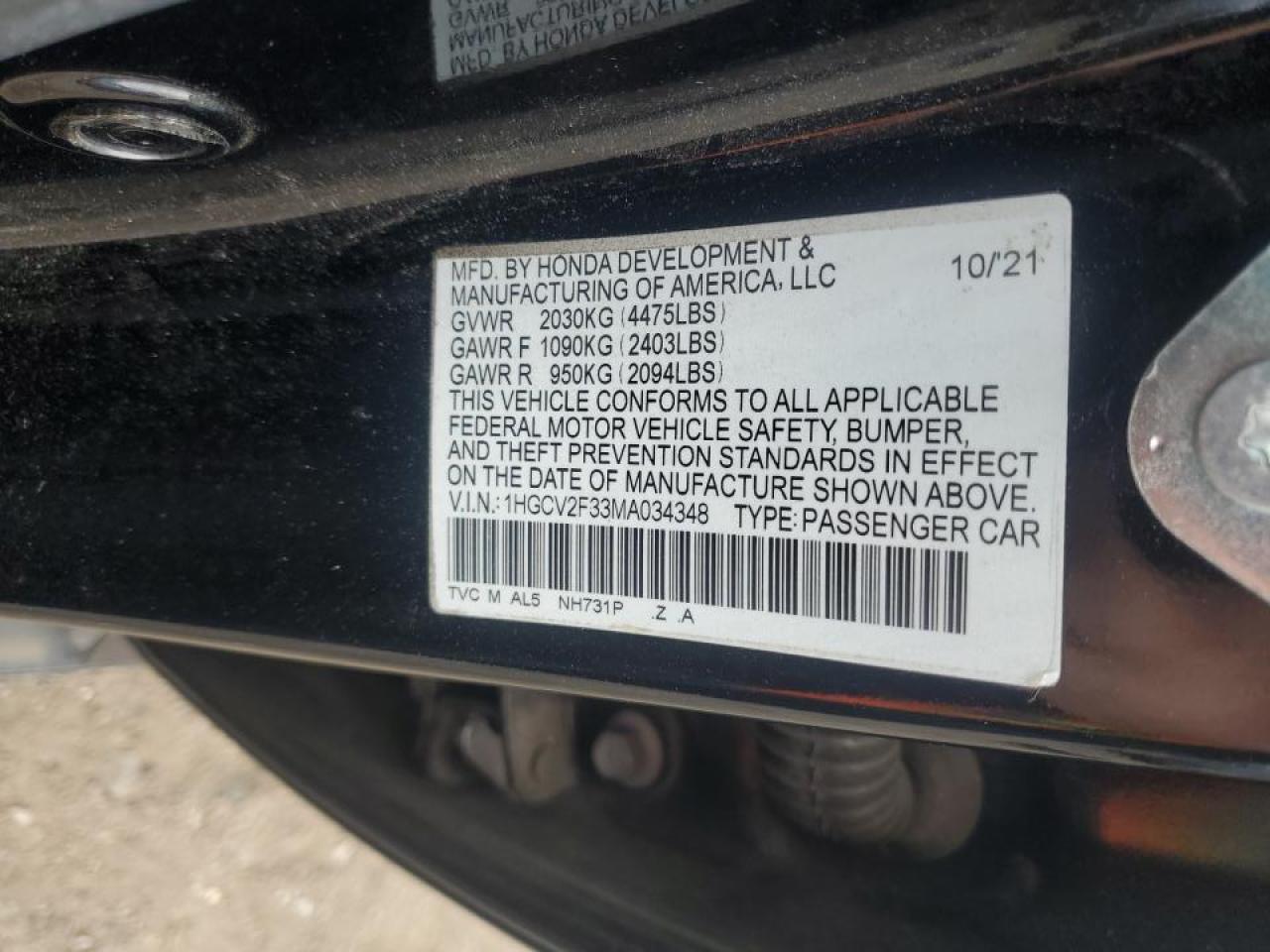 2021 Honda Accord Sport VIN: 1HGCV2F33MA034348 Lot: 64608565