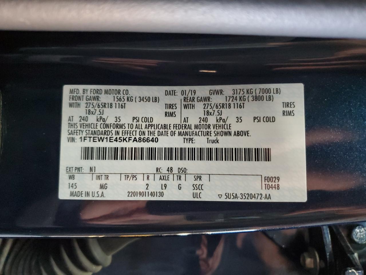 2019 Ford F150 Supercrew VIN: 1FTEW1E45KFA86640 Lot: 63188605