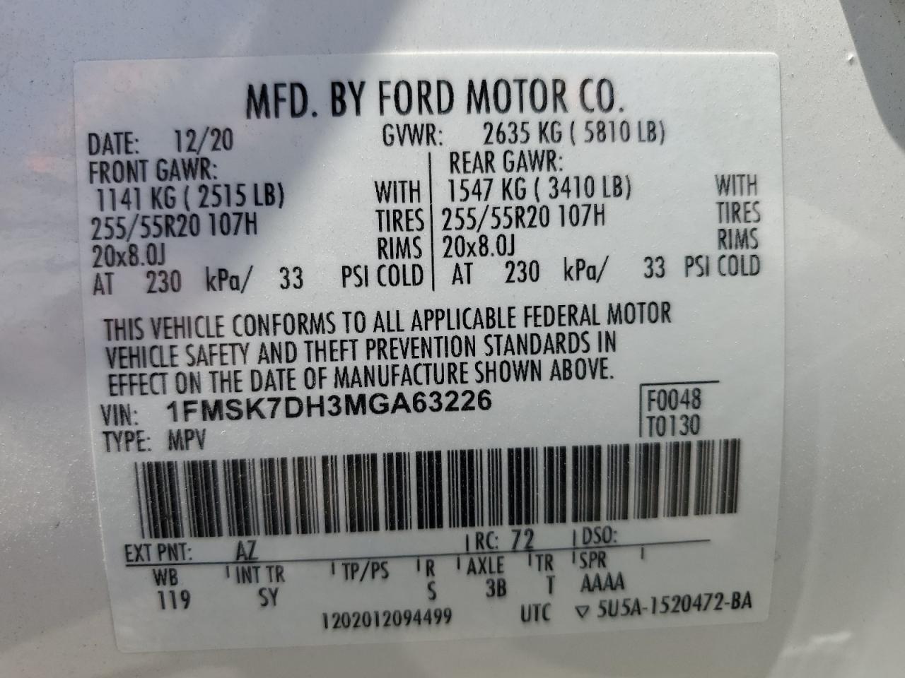 2021 Ford Explorer Xlt VIN: 1FMSK7DH3MGA63226 Lot: 65460795
