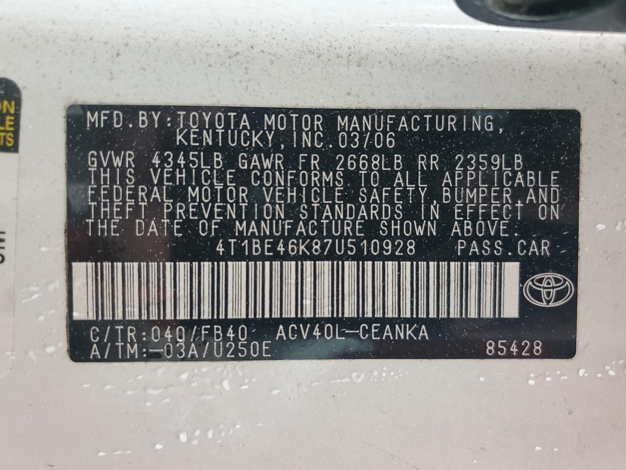 2007 Toyota Camry Ce VIN: 4T1BE46K87U510928 Lot: 64829595