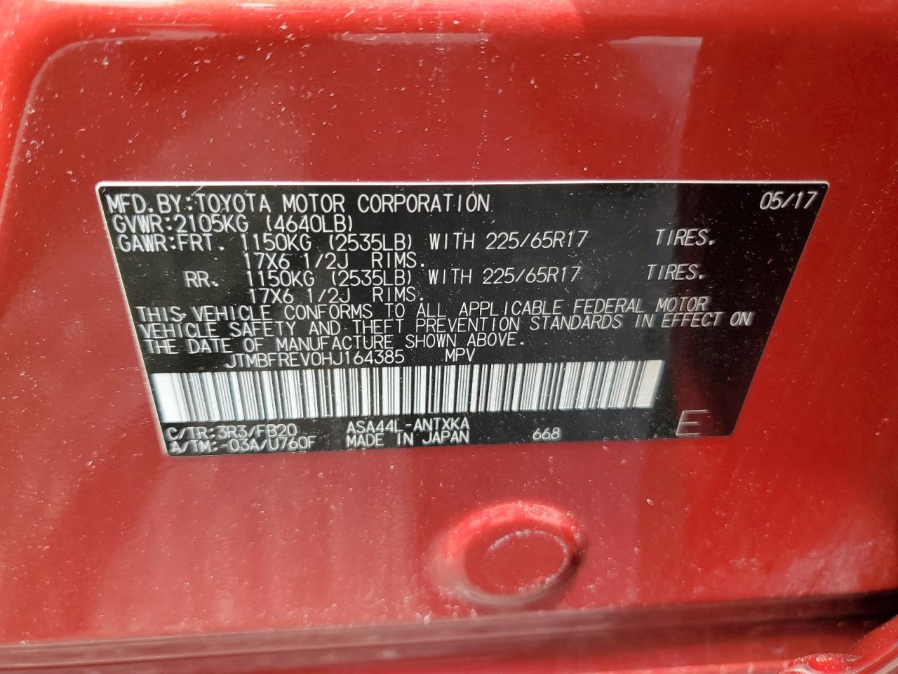 2017 Toyota Rav4 Le VIN: JTMBFREV0HJ164385 Lot: 62872415