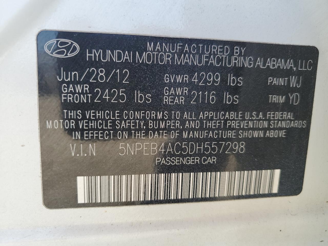 2013 Hyundai Sonata Gls VIN: 5NPEB4AC5DH557298 Lot: 63945495