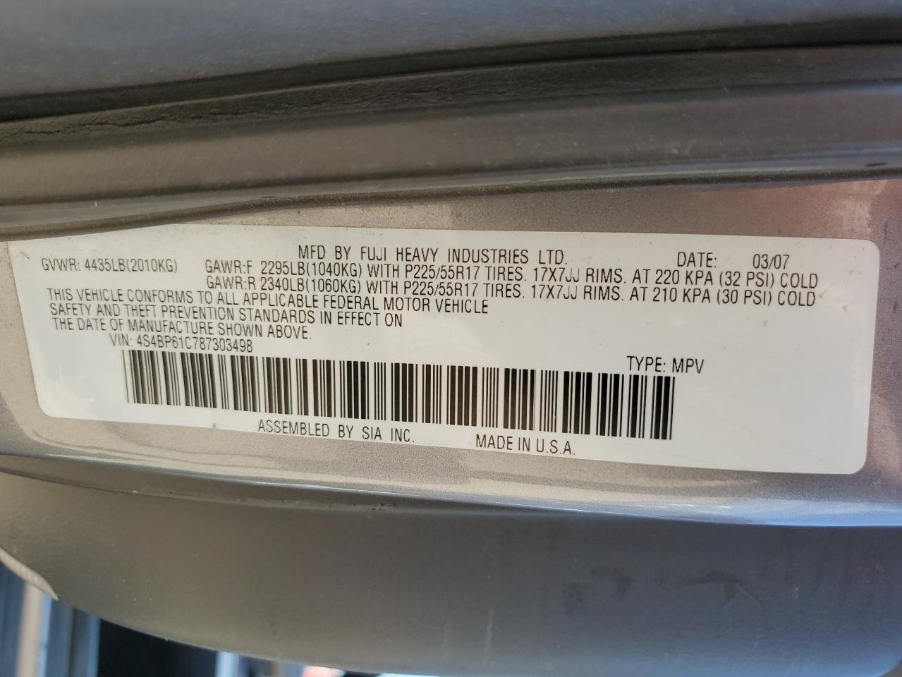 2008 Subaru Outback 2.5I VIN: 4S4BP61C787303498 Lot: 65572485