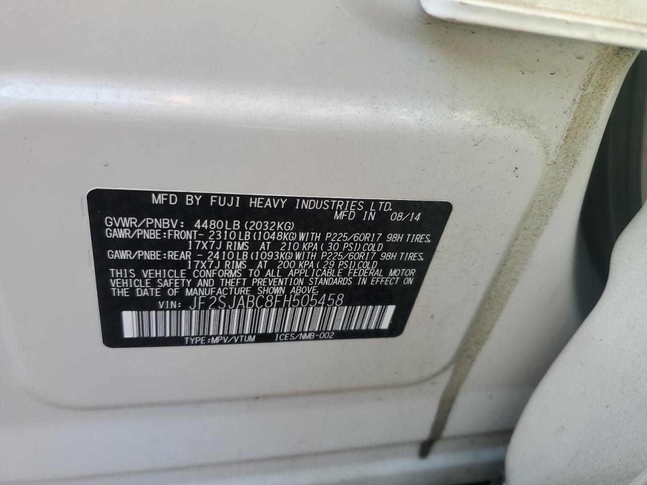 2015 Subaru Forester 2.5I VIN: JF2SJABC8FH505458 Lot: 63482255