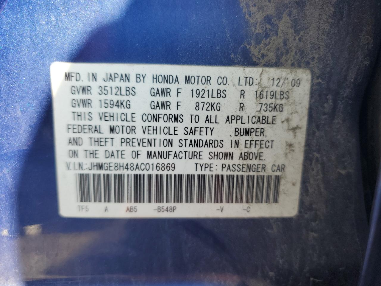 2010 Honda Fit Sport VIN: JHMGE8H48AC016869 Lot: 65069385