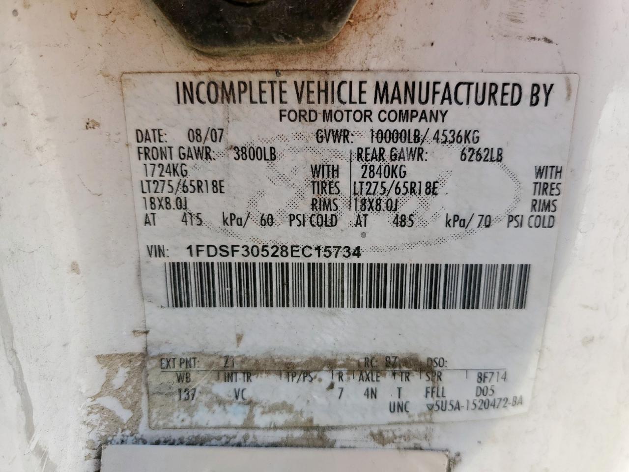 2008 Ford F350 Srw Super Duty VIN: 1FDSF30528EC15734 Lot: 64673245