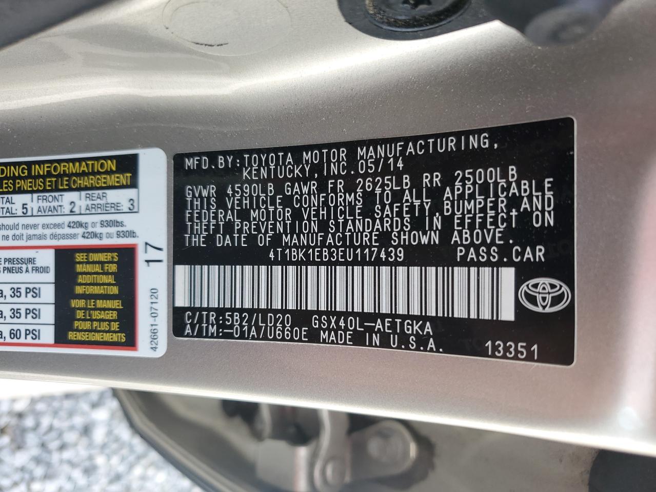 2014 Toyota Avalon Base VIN: 4T1BK1EB3EU117439 Lot: 64821645