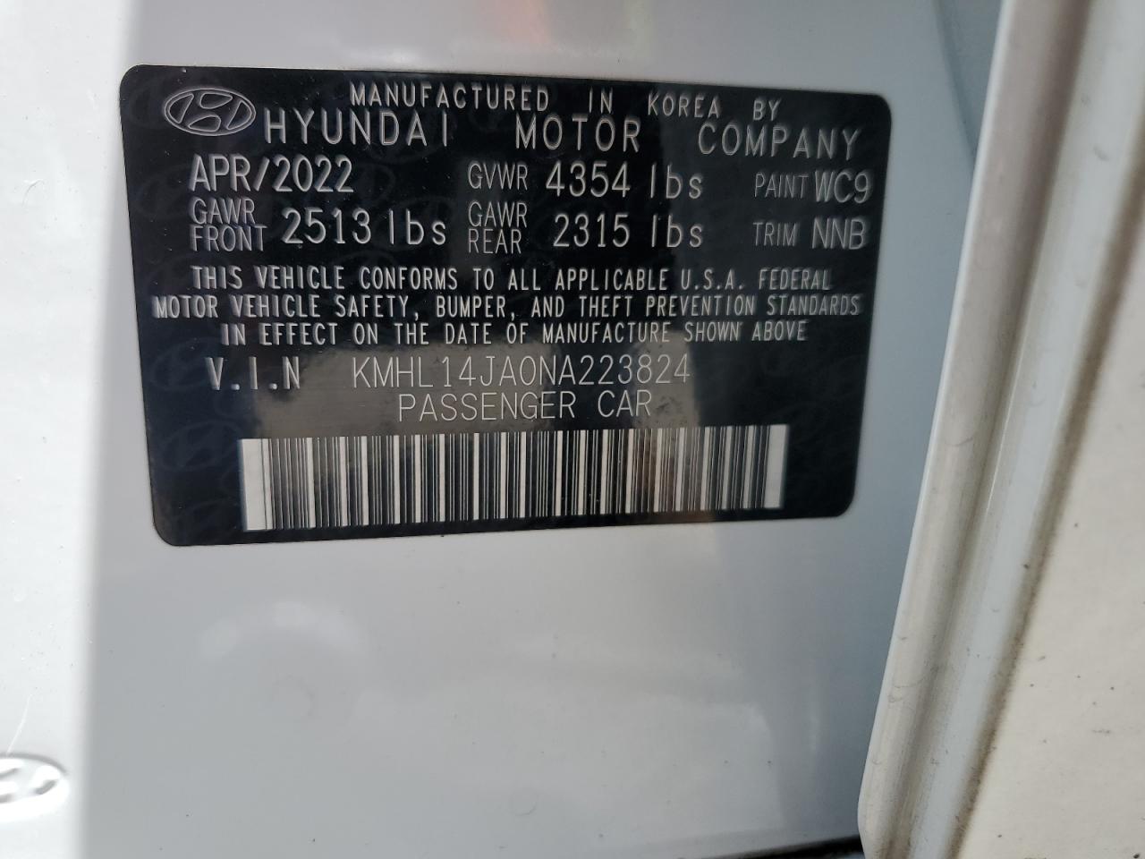 kmhl14ja0na223824 KMHL14JA0NA223824 2022 Hyundai Sonata Sel