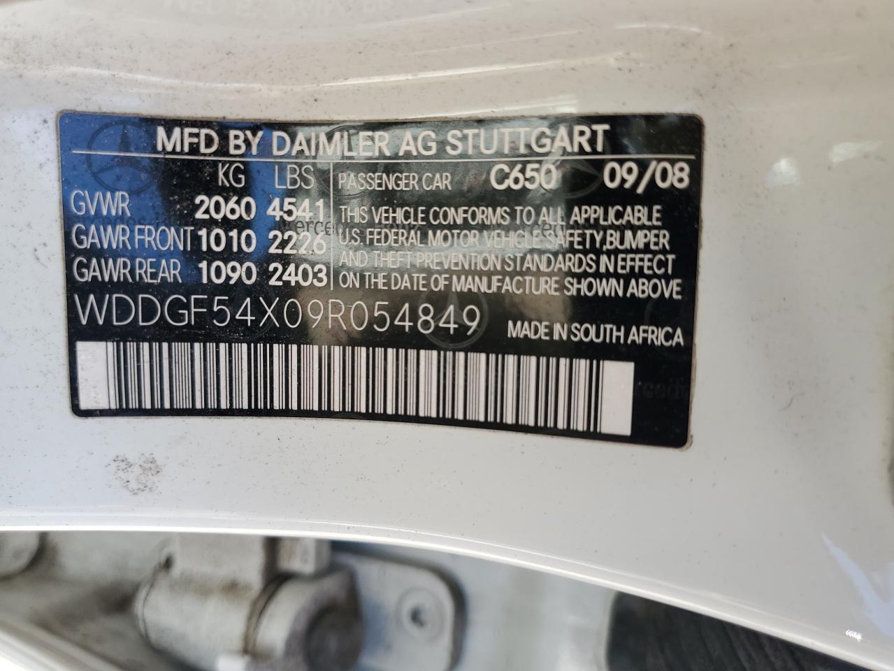 2009 Mercedes-Benz C 300 VIN: WDDGF54X09R054849 Lot: 63394405