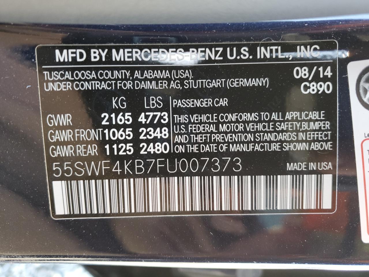 2015 Mercedes-Benz C 300 4Matic VIN: 55SWF4KB7FU007373 Lot: 63703915