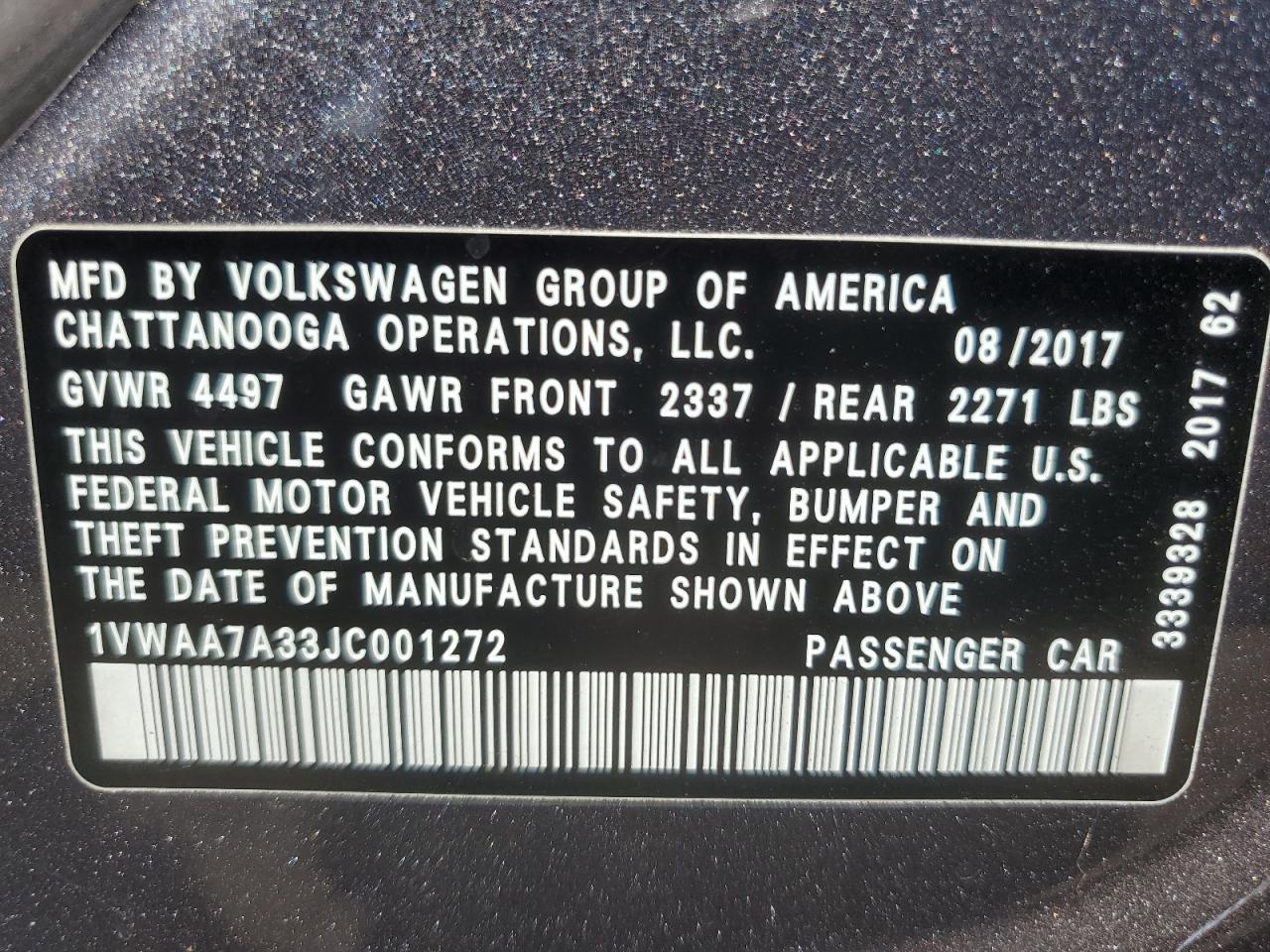 2018 Volkswagen Passat S VIN: 1VWAA7A33JC001272 Lot: 63863525