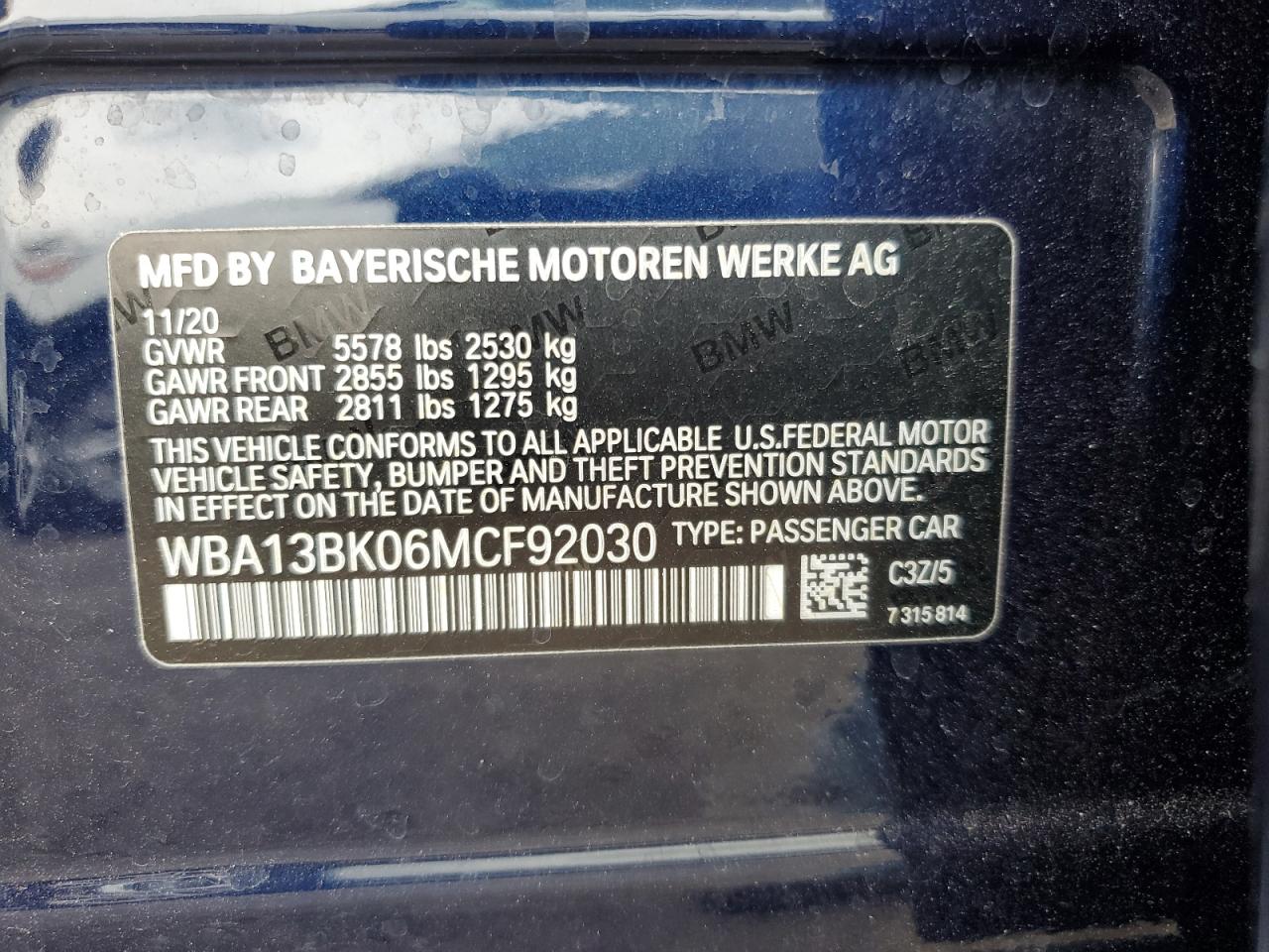 2021 BMW M550Xi VIN: WBA13BK06MCF92030 Lot: 66955065