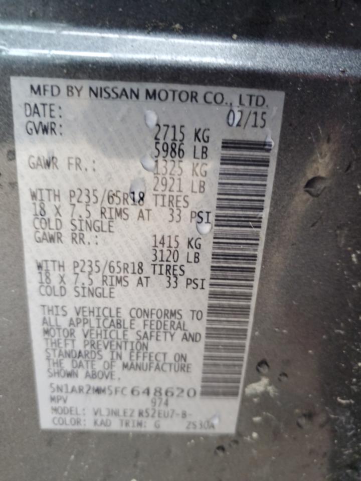 2015 Nissan Pathfinder S VIN: 5N1AR2MM5FC648620 Lot: 62545335
