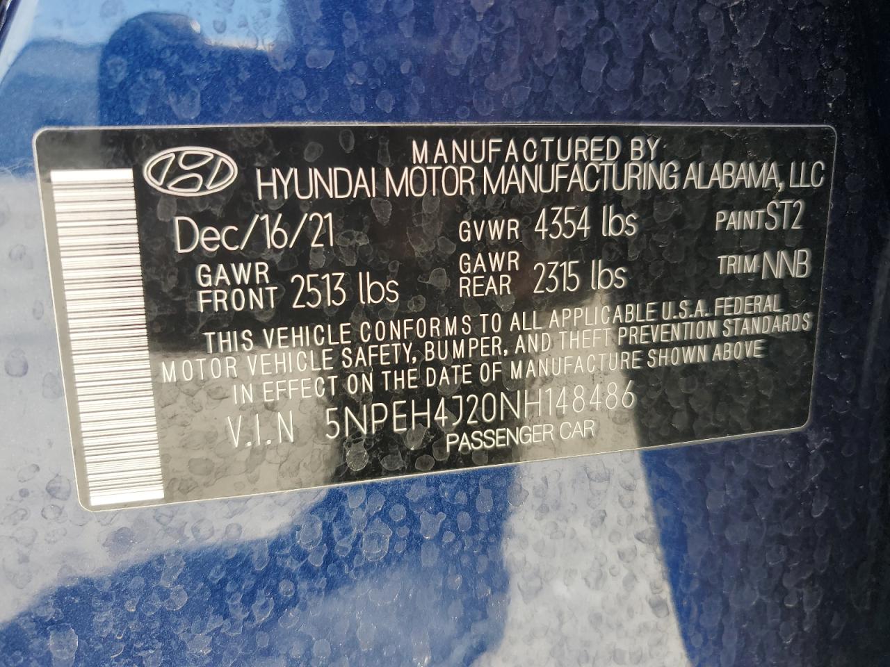 2022 Hyundai Sonata Limited VIN: 5NPEH4J20NH148486 Lot: 64787665