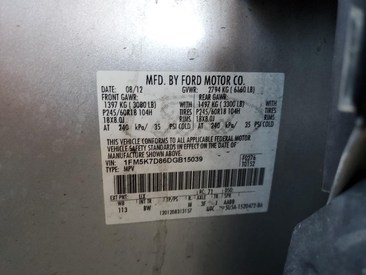 2013 Ford Explorer Xlt VIN: 1FM5K7D86DGB15039 Lot: 63326295