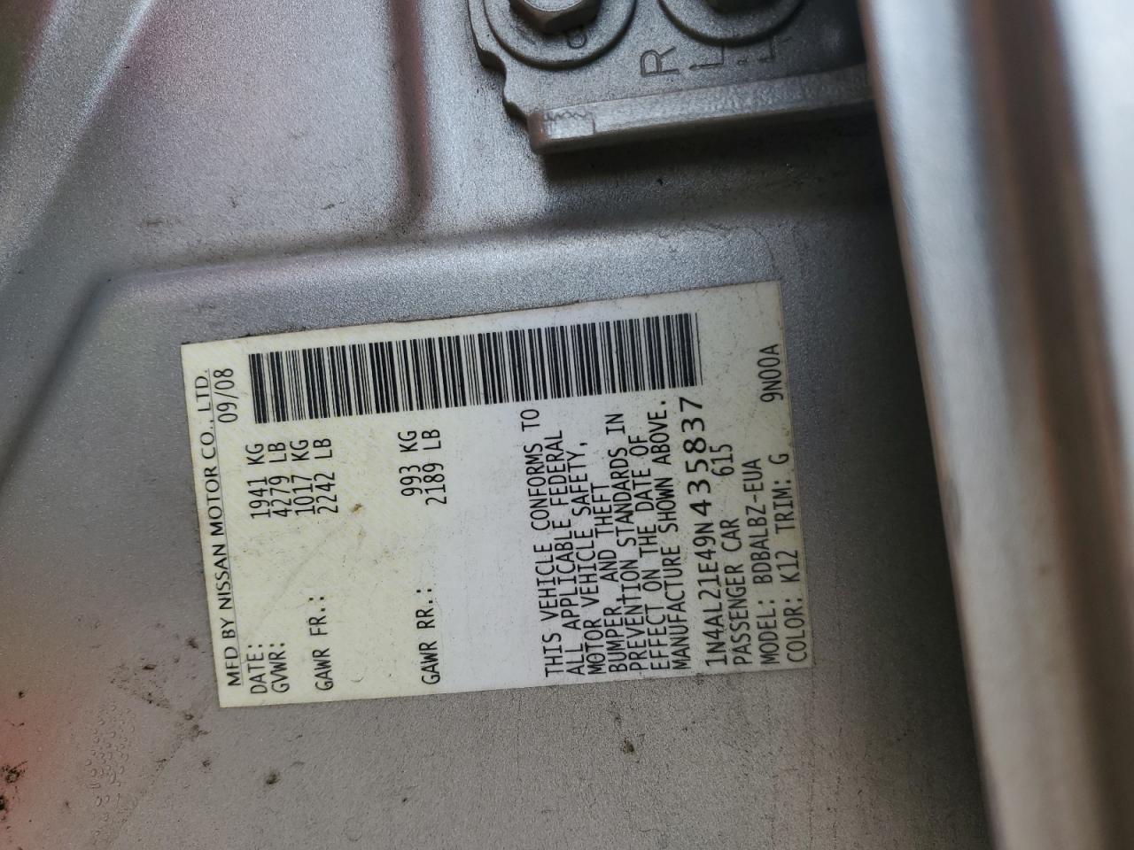 2009 Nissan Altima 2.5 VIN: 1N4AL21E49N435837 Lot: 65156855