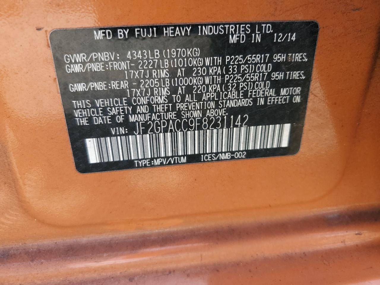 2015 Subaru Xv Crosstrek 2.0 Premium VIN: JF2GPACC9F8231142 Lot: 63335065