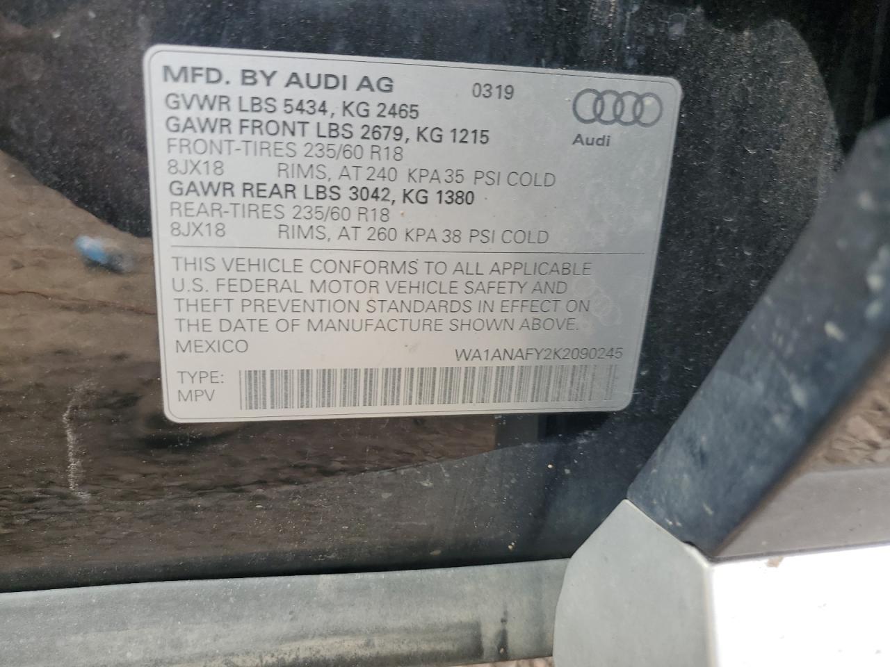 wa1anafy2k2090245 WA1ANAFY2K2090245 2019 Audi Q5 Premium