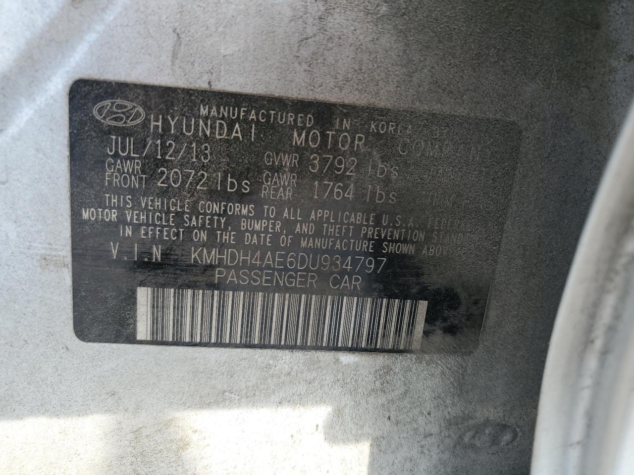 2013 Hyundai Elantra Gls VIN: KMHDH4AE6DU934797 Lot: 64382315